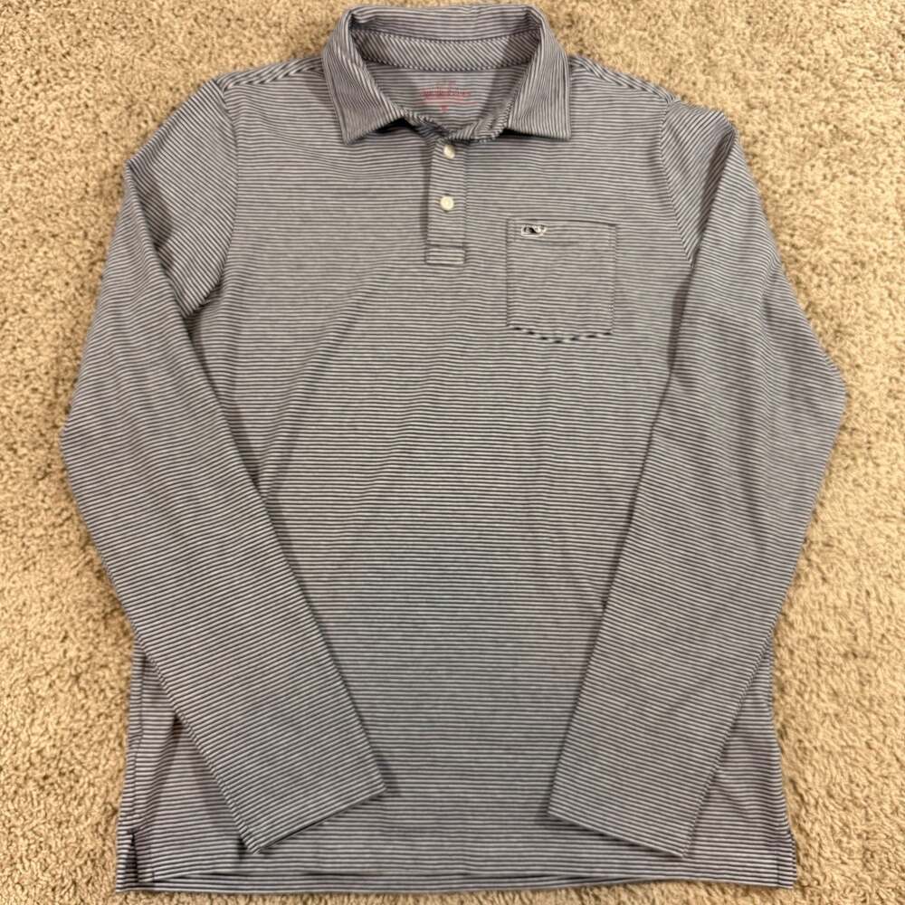 Vineyard Vines Edgartown Polo Youth XL 18 Navy Stripe‎ Long Sleeve Whale Shirt